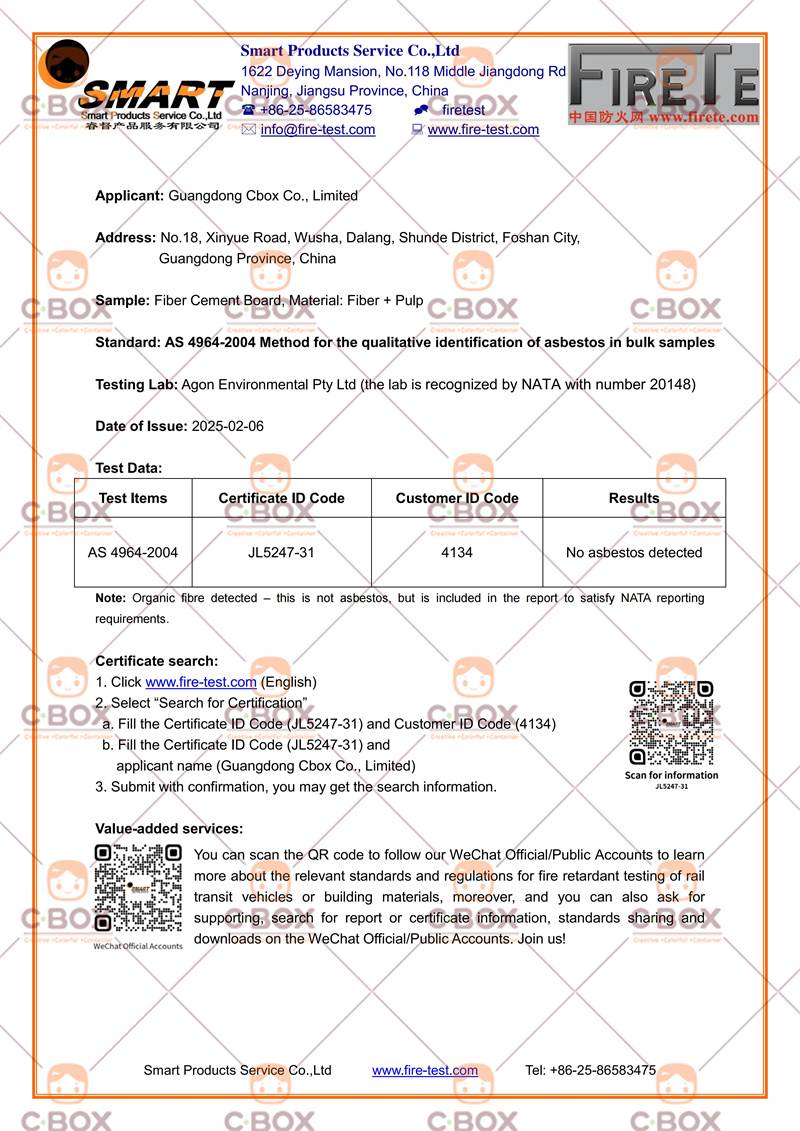 Fiber Cement Board AS 4964 Test Delivery Note And Report